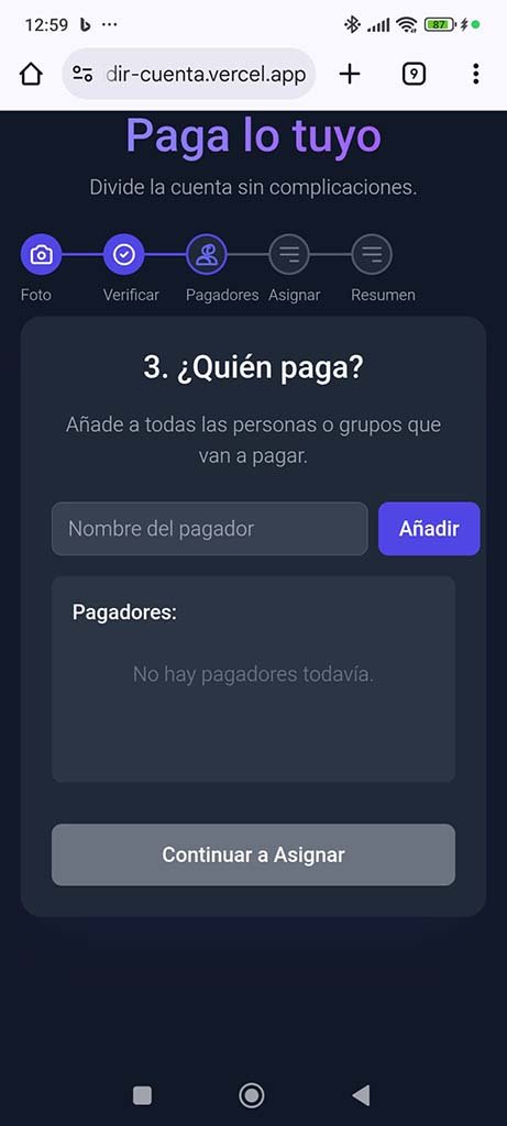 Pantalla para añadir pagadores